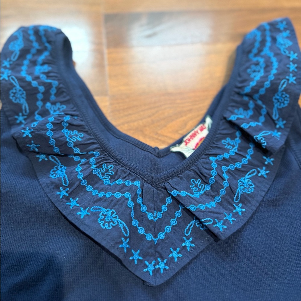 Johnny Was Navy Blue Short Sleeve Top with Embroidered Accents